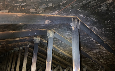 Fire damage to roof beams.