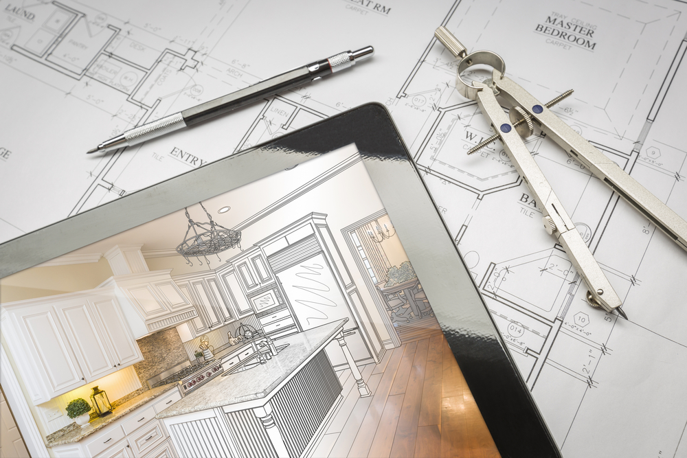 Ipad showing home design laid over architectural plans