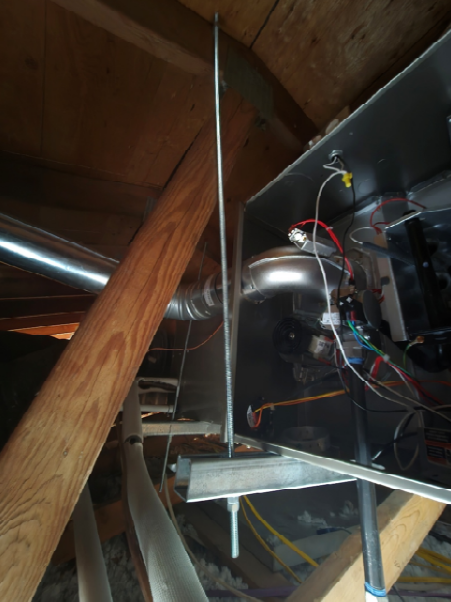 A furance unit installed in an attic.
