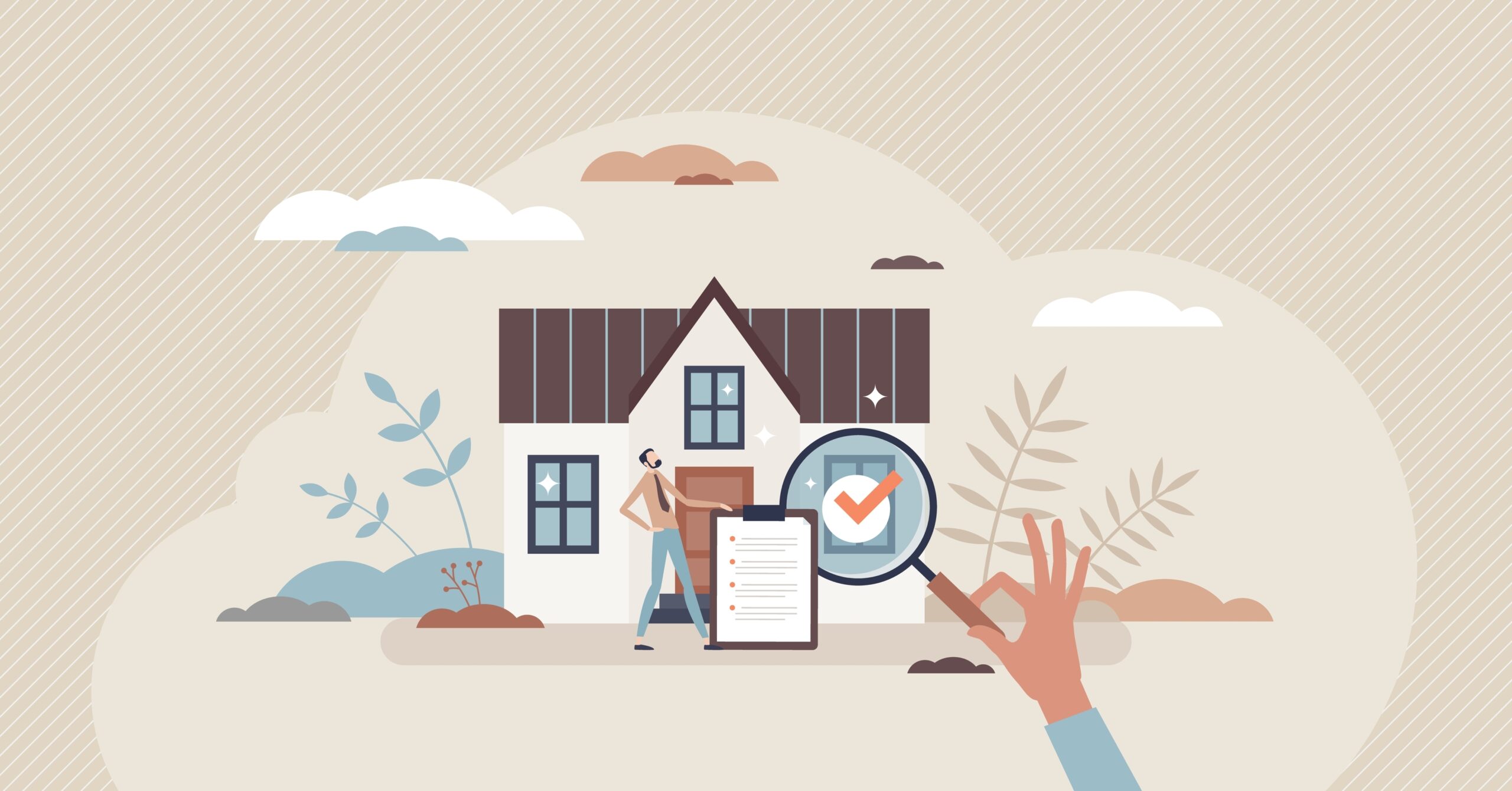 Cartoon drawing of home with an engineer inspection checklist.