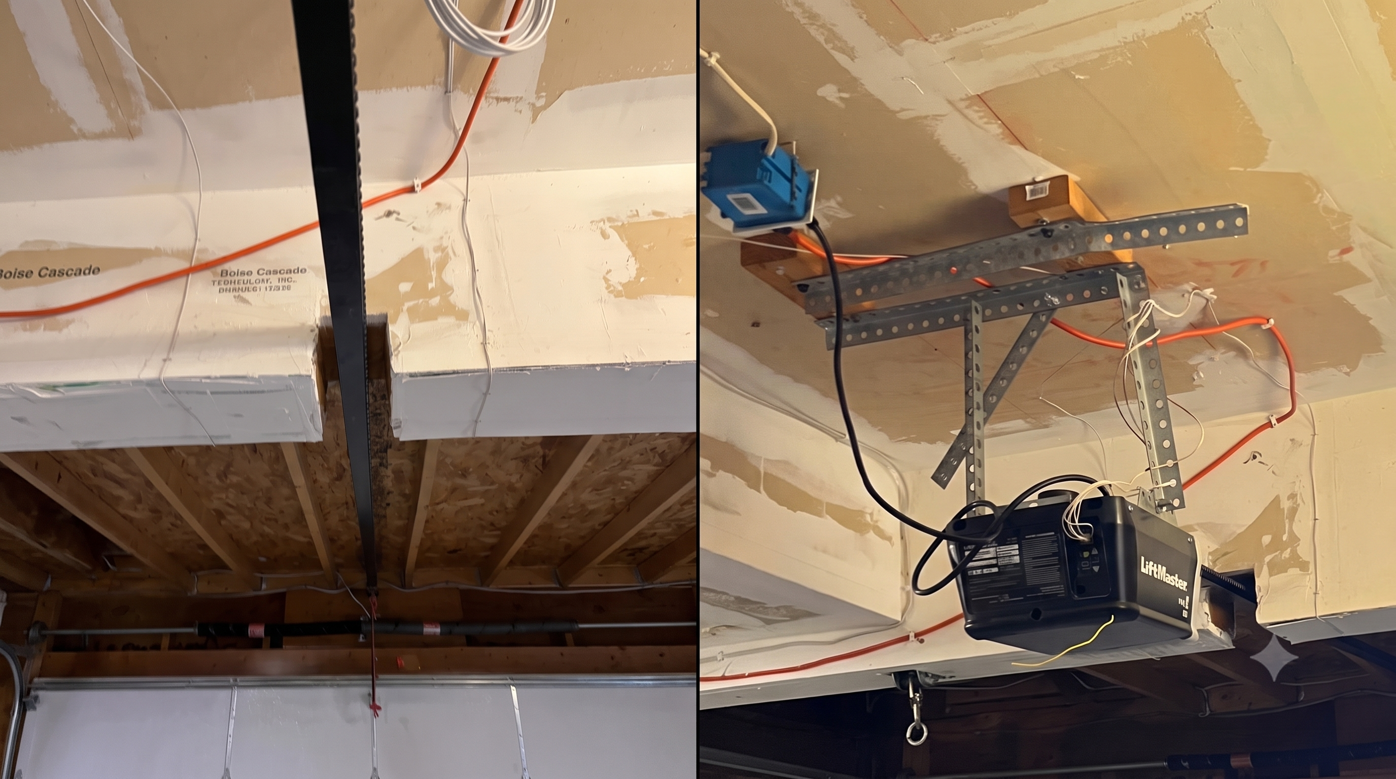 Beam which has been improperly cut to allow a garage door opener to pass through it.
